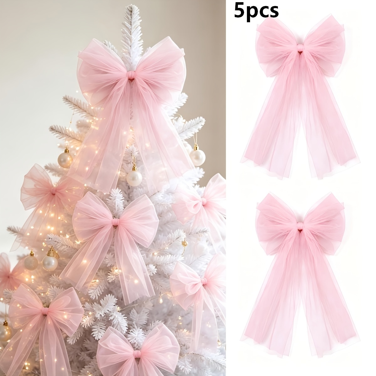 TEMU 5pcs Handmade Organza & Ribbon Tree Topper Bows - Modern Suitable For Christmas, Wedding, Wreath Decorations, Pre-shaped Cut-and-stick Applique