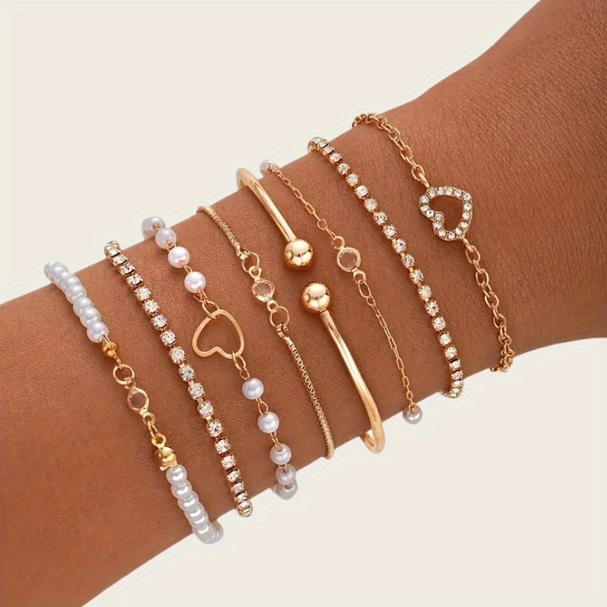 TEMU Elegant Minimalist Rhinestone-embellished Knot Heart Pearl Bracelet Set Of 8pcs, Daily Wear, Special Occasions & Styling, Daily Wear Bracelet |