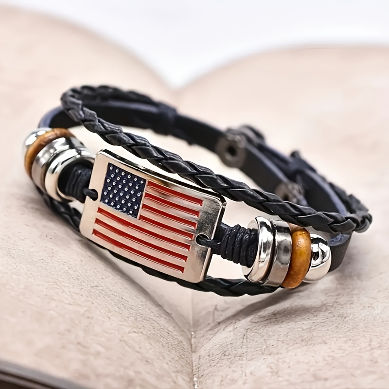 1pc American Men's Pu Leather Hand-woven Bracelet - Suitable For Gifting On Festivals Or Bringing Your Own.