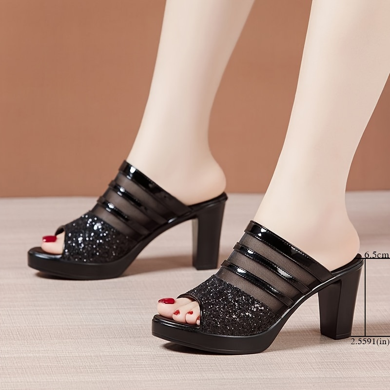 

Women's Sequins Mesh Sandals, Platform Slip On Soft Sole Chunky Heels, Fashion Party Banquet Shoes