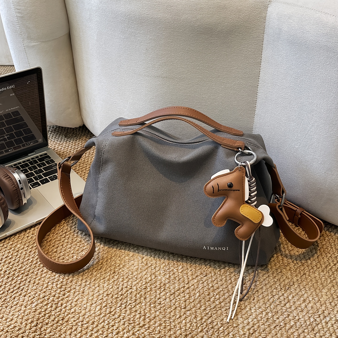 Image of Ladies' Shoulder Bag, Retro Contrasting Canvas Tote Bag, Large Capacity For Crossbody, With Small Horse Pendant, Easy Commuting, Shopping, Versatile Casual Soft Leather Shoulder Strap Pillow Bag