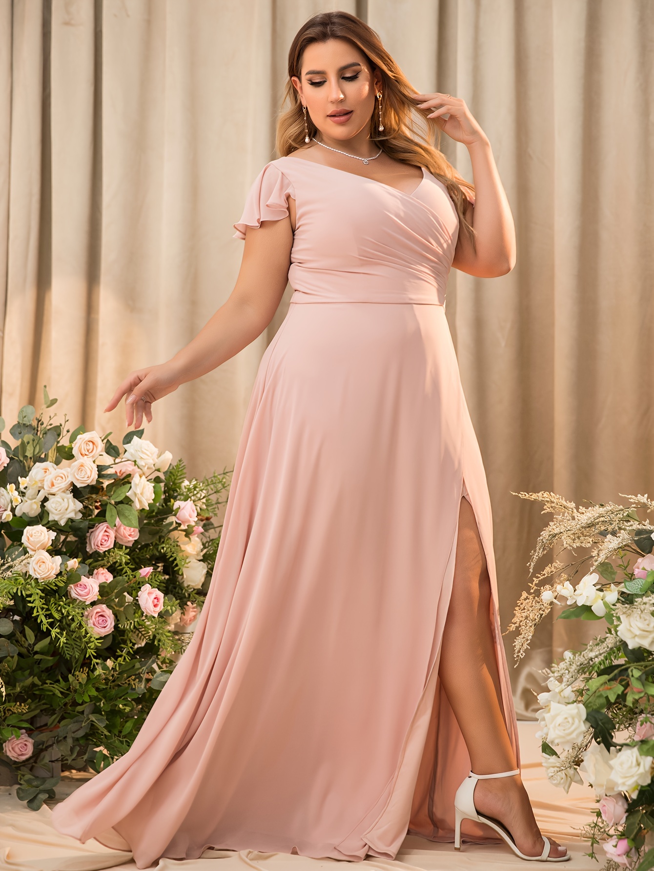 plus size pink bridesmaid dresses 2026 One-Shoulder Bridesmaid Dresses Plus Size A-Line Short Sleeves Long Chiffon Formal Wedding Guest Gowns with Split Side, Peach Pink main image 0
