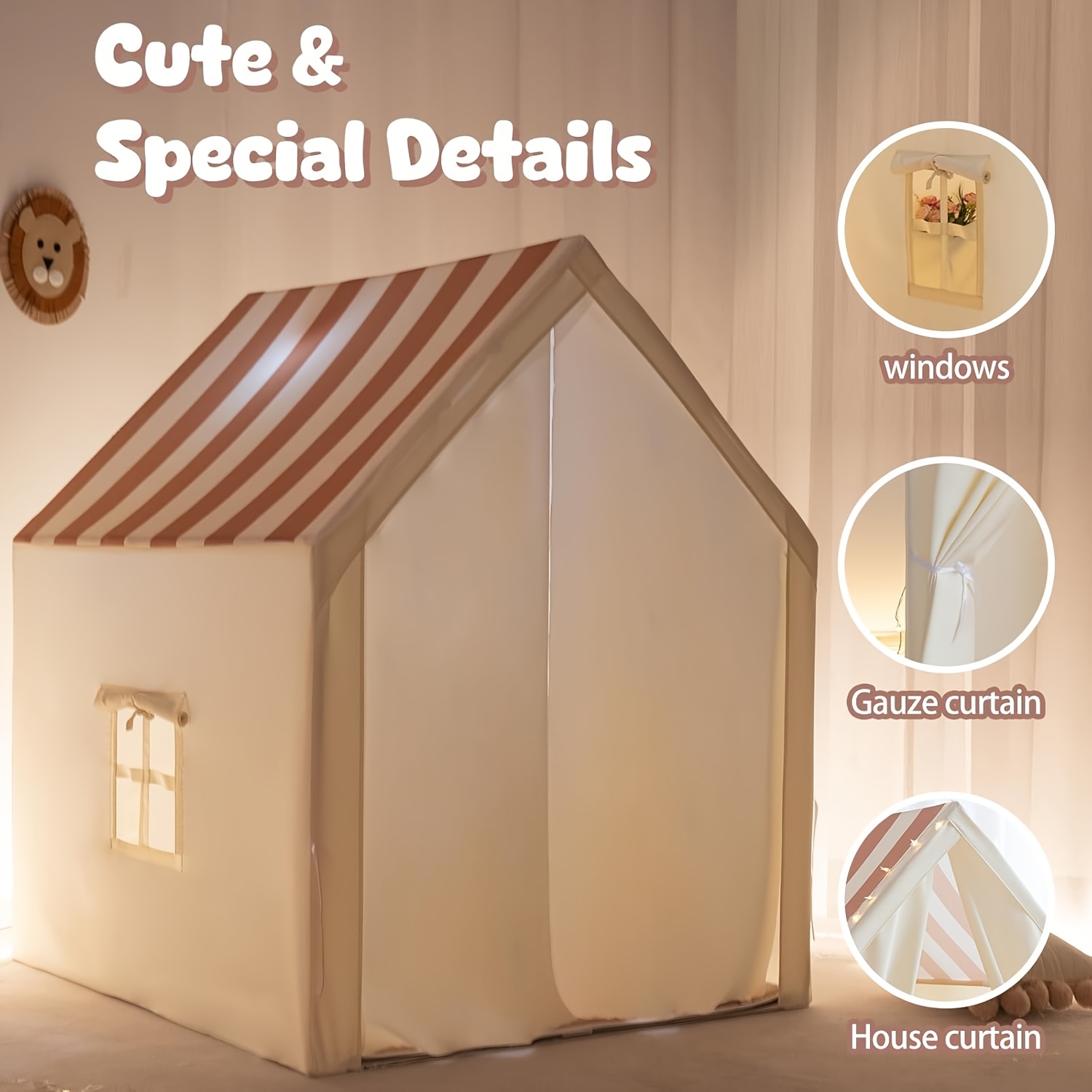 Image of Children's Tent For Indoor And Outdoor Use, Foldable Portable Playhouse, Striped Cherry Tent, Pretend Play Toy House, Extra-large Space For Boys And Girls, Single Tent
