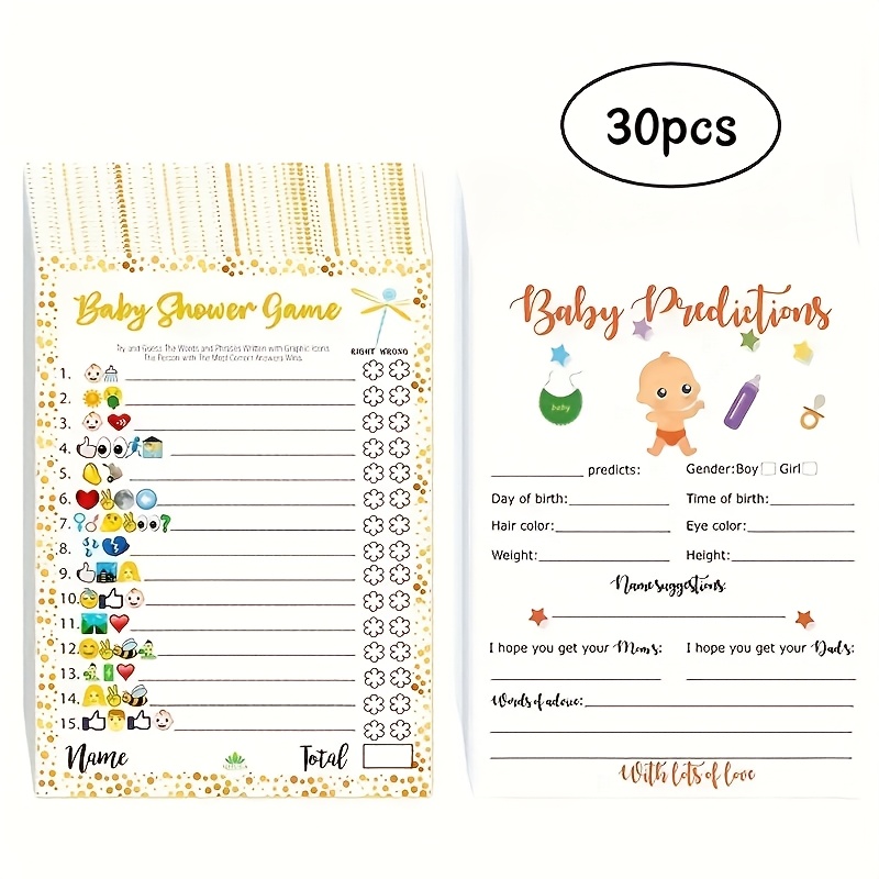 TEMU Shower Games - Hilarious And Predictions Cards 30 Thick Cardstocks 7x5 Inches Printed Front Answer Keys Included Idea Neutral Theme For Girl Boy