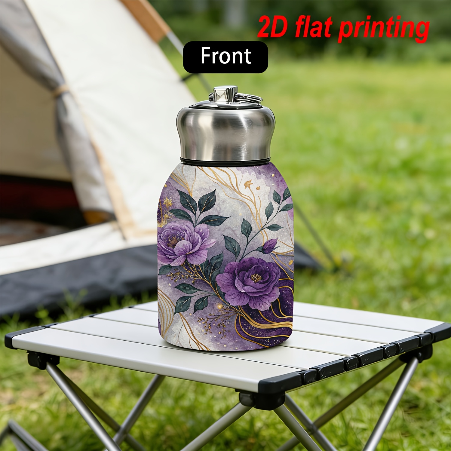 TEMU 1pc 10oz Insulated Cup With Purple Peony And Green Leaves, Lines, Star Glitter Watercolor Pattern, Portable Small Capacity Insulated Cold Coffee