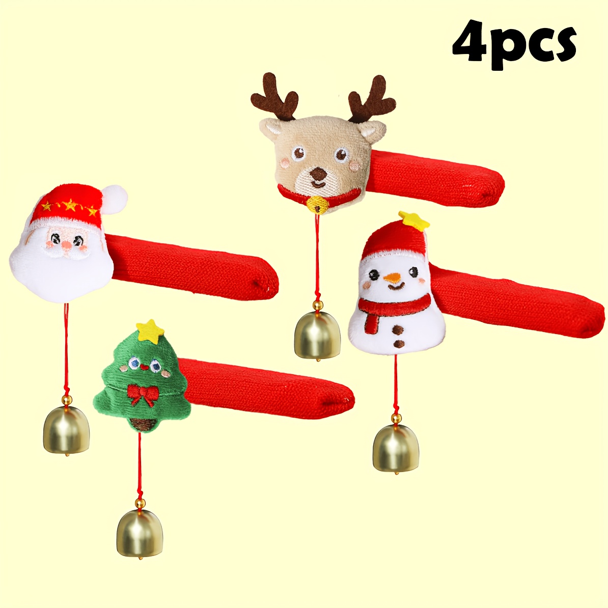 TEMU 4pcs 4pcs Christmas Door Handle Covers With Bells & Detachable Decorations - Santa Claus, Snowman, Reindeer & Tree Door Decorations Suitable For