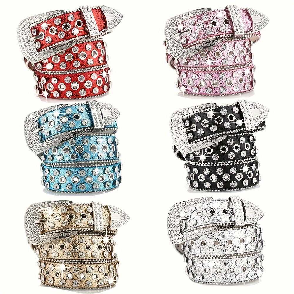 

Assorted Skull Rivet Rhinestone Studded Belt, Fashion Solid Glitter Cool Pu Leather Waistband, Hip-hop Punk Style, Adjustable Buckles, For Jeans, Unisex Accessory For Music Festival