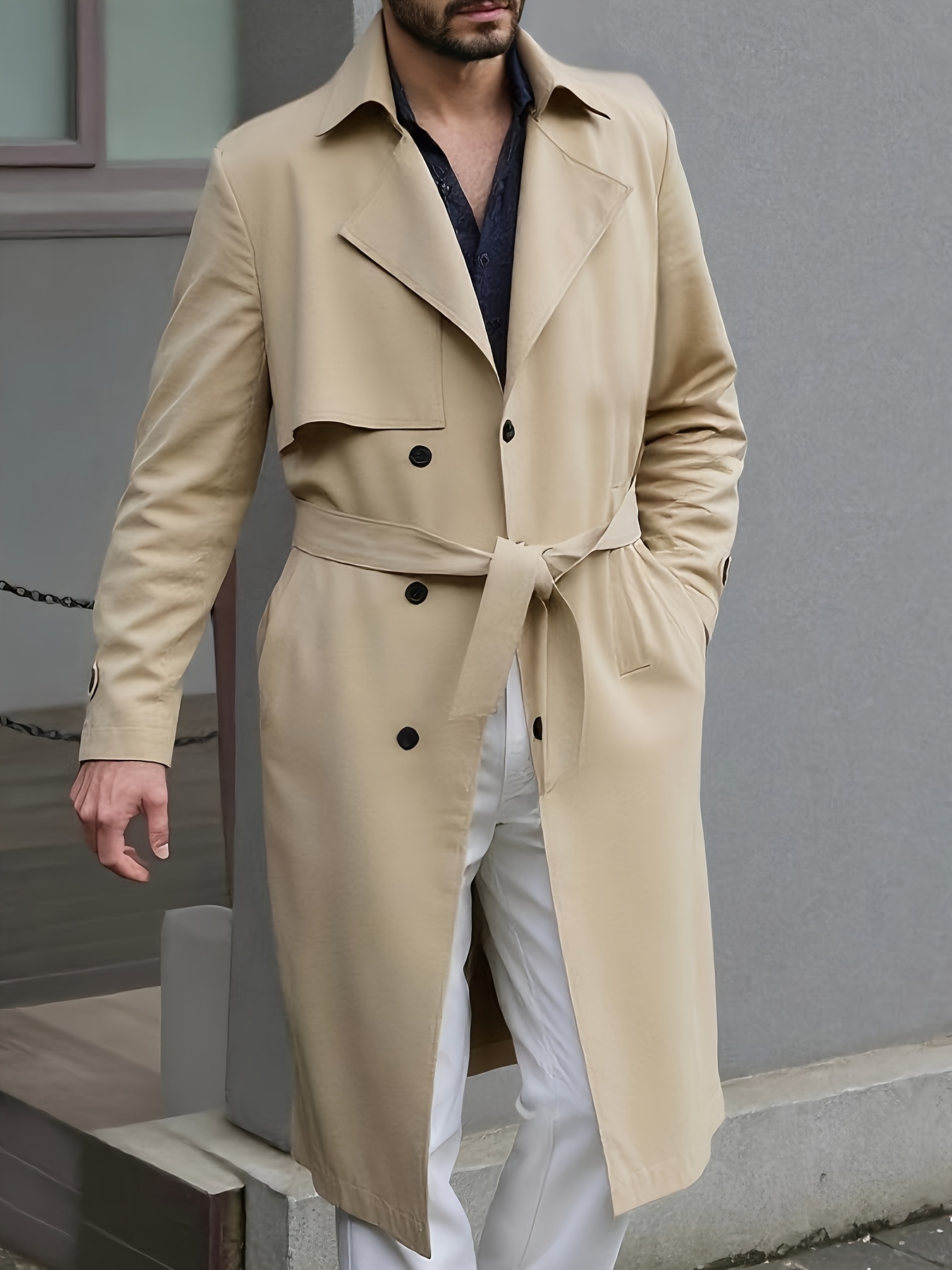 Men S Casual Double-Breasted Trench Coat -  -Length Fall/Winter Outerwear with  , Belted, Solid Black, Polyester, Single-Button Closure, Casual Winter Wear | Belted Coat | Polyester Coat