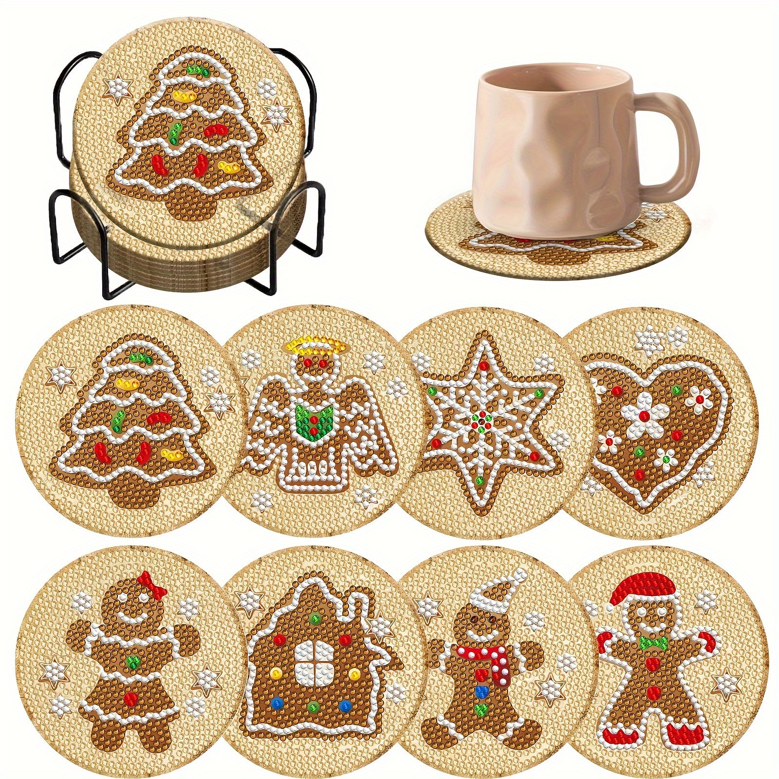 

8pcs Coaster Kit With Stand, Diy Mats Gingerbread Man Diamond Art Coaster Set, Round Diamond Craft Gift For Beginners, Wooden Merry Christmas Themed Coasters