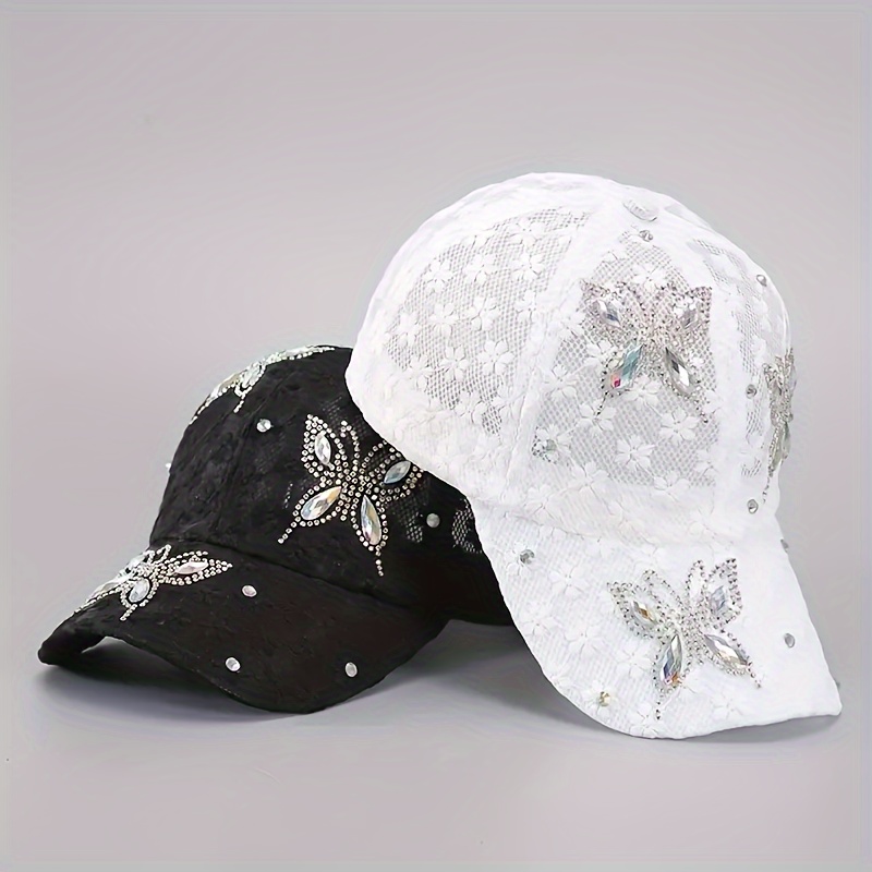 

Lace Rhinestone Butterfly Baseball Cap, Elegant Mesh Breathable Sports Hats, Adjustable Women's Peaked Hats In White And Black