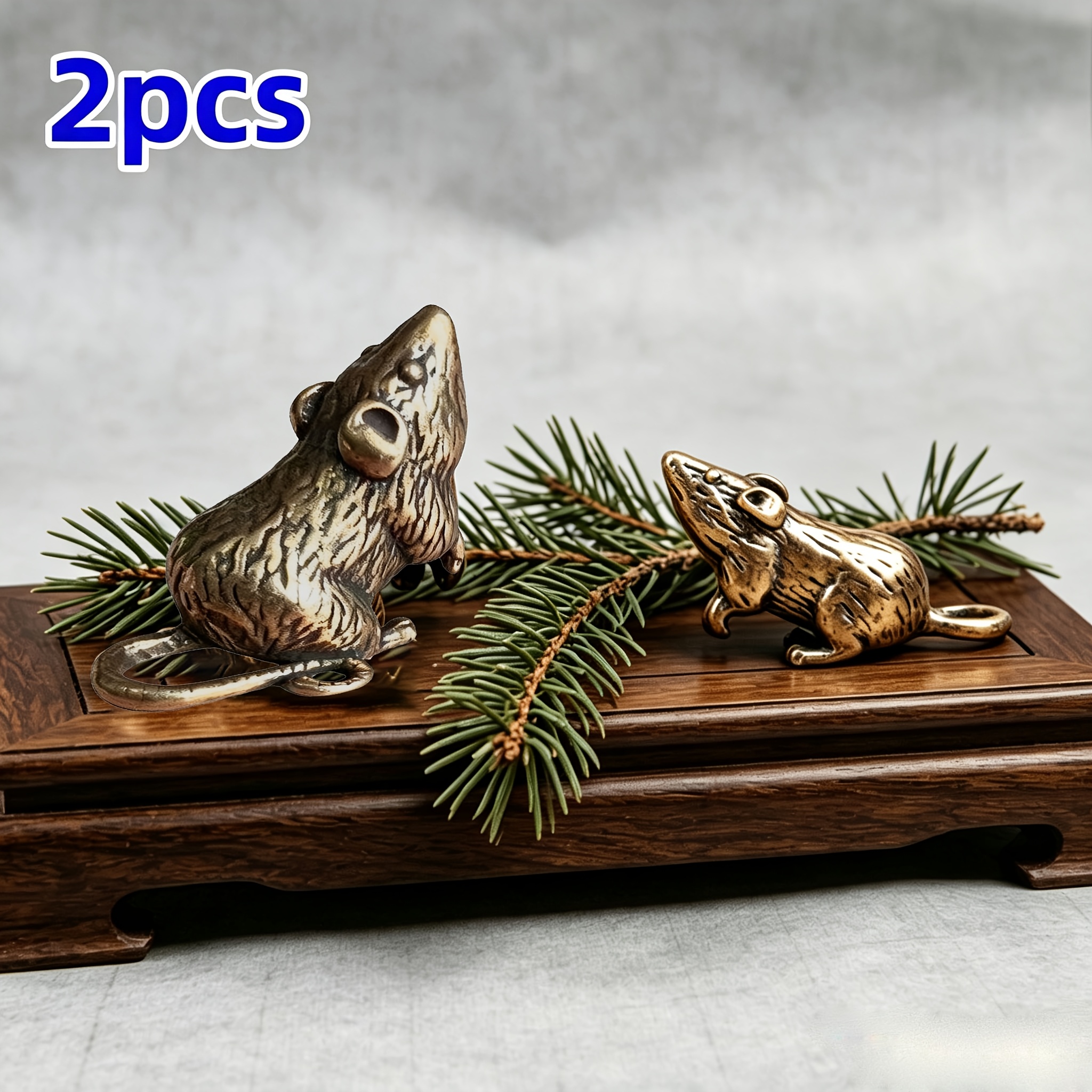 TEMU 2pcs Set: 1 Vintage Mouse Father And 1 Mouse Son Brass Figurine, 2 Brass Statues Of Mice Gazing At The Sky, Small Desktop Decoration