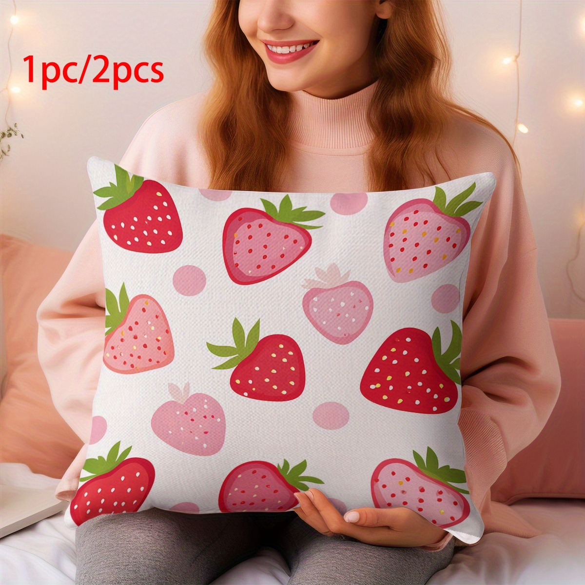Cute Strawberry Pillow Covers - Kawaii Decorative Throw Pillow Cases 18x18 Inch For Sofa, Bed, Car, Living Room (Insert Not Included)