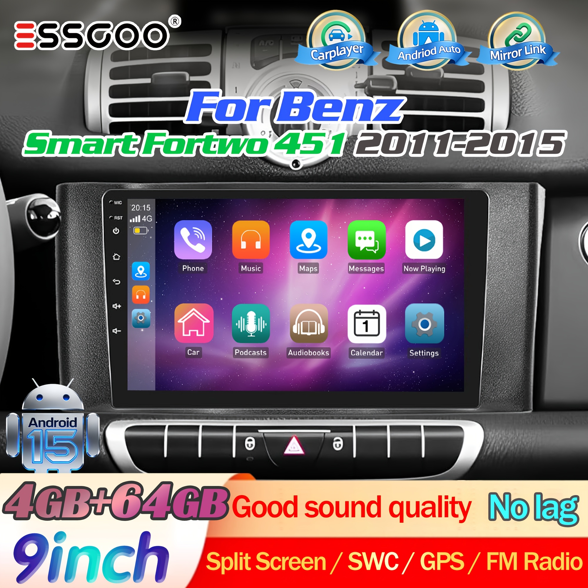Image of Essgoo 9" 15 For Mercedes-benz Smart 451 | 4+64gb | & Auto | Gps Navigation With | Asp Sound Enhancement | Swc | Fm Rds Radio | Style | Installation