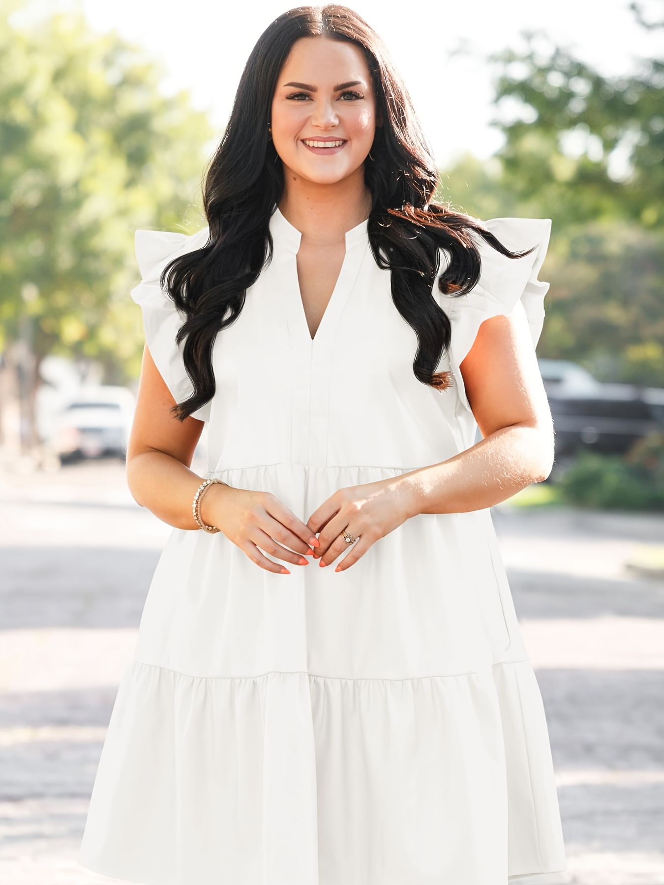 Plus Size, Women's Plus Size Short Sleeve A-Line Mini Dress White Smock  Dress with Button-Free Waist, Ruffle Hem, Loose Fit Summer Wedding Guest D