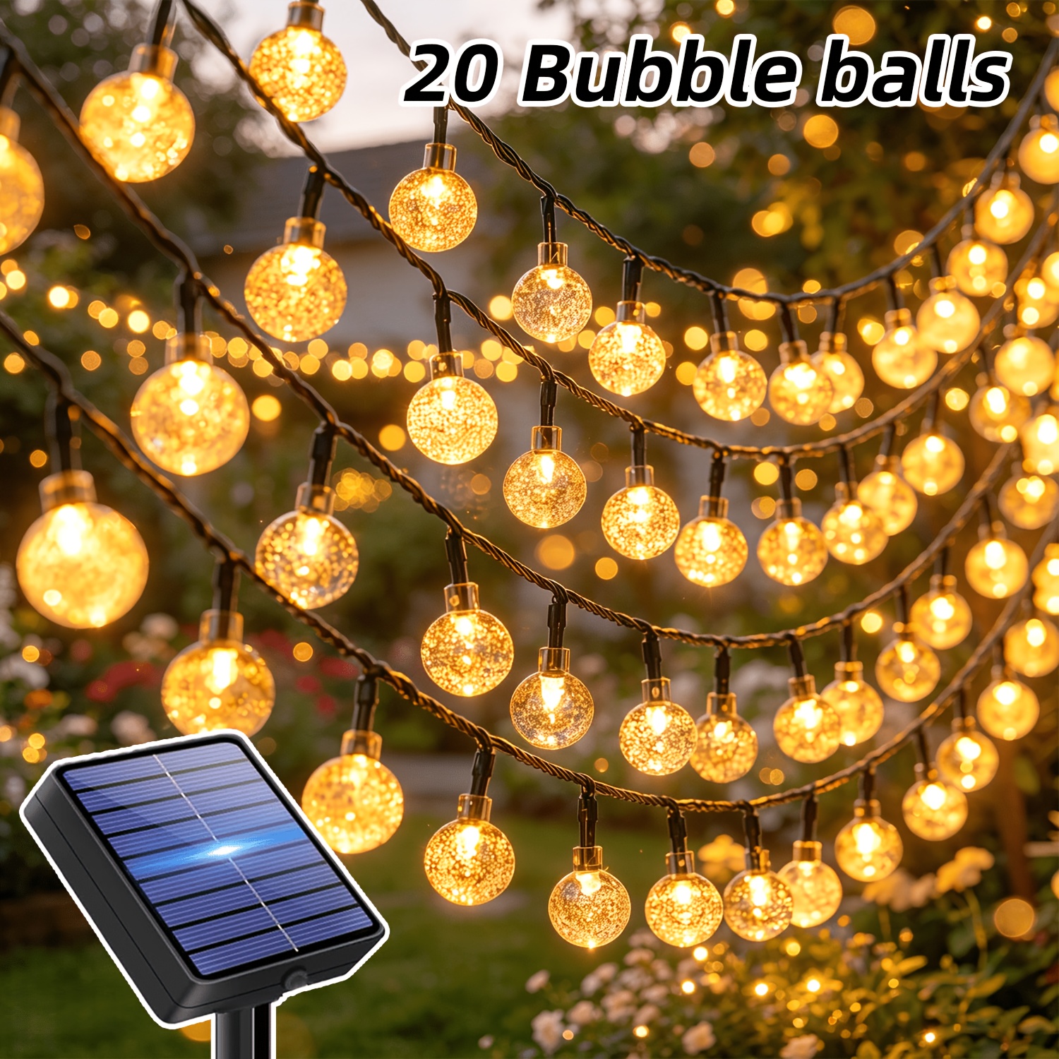 TEMU Solar Outdoor String Lights, 1pc 100/50/20 Led Hanging Decorative Fairy Lights, 8 Yard Lights, Equipped With Solar Battery, Ipx4 , Clear Bubble