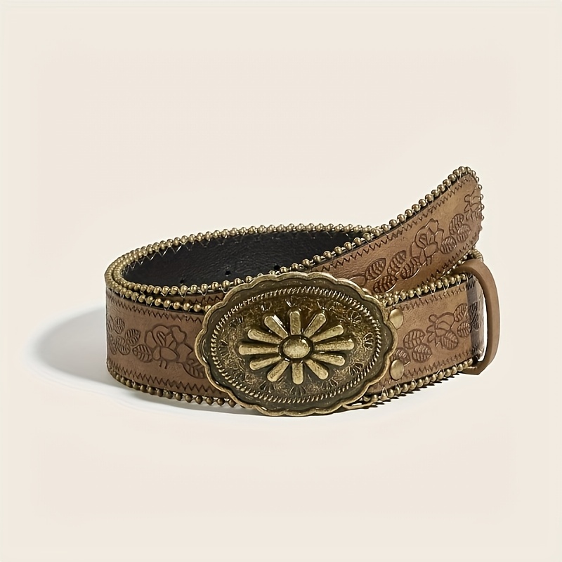 1pc Vintage Women's Belt, Retro Style Casual Multi-functional Belt With Floral And Geometric , Brown, Western Design, Perfect For Weekend Casual Wear, Belt. Perfect Gift