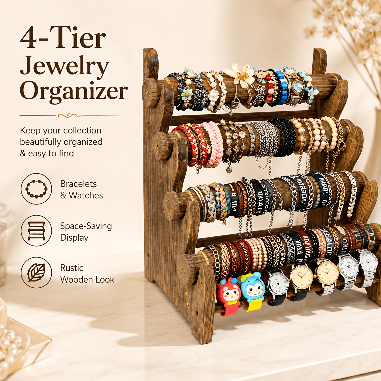 TEMU 4-layer Retro Wooden Jewelry Display Stand, Bracelet Necklace Watch Storage Organizer, Desktop Shelf, Jewelry Storage Rack Hair Clip Organizer