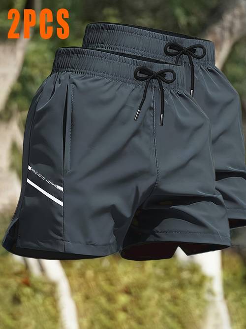 photo de l'article ensemble de 2 shorts de sport pour hommes à séchage rapide - shorts respirants pour le fitness et dété, avec des imprimés de lettres et un tissu extensible anti-transpiration