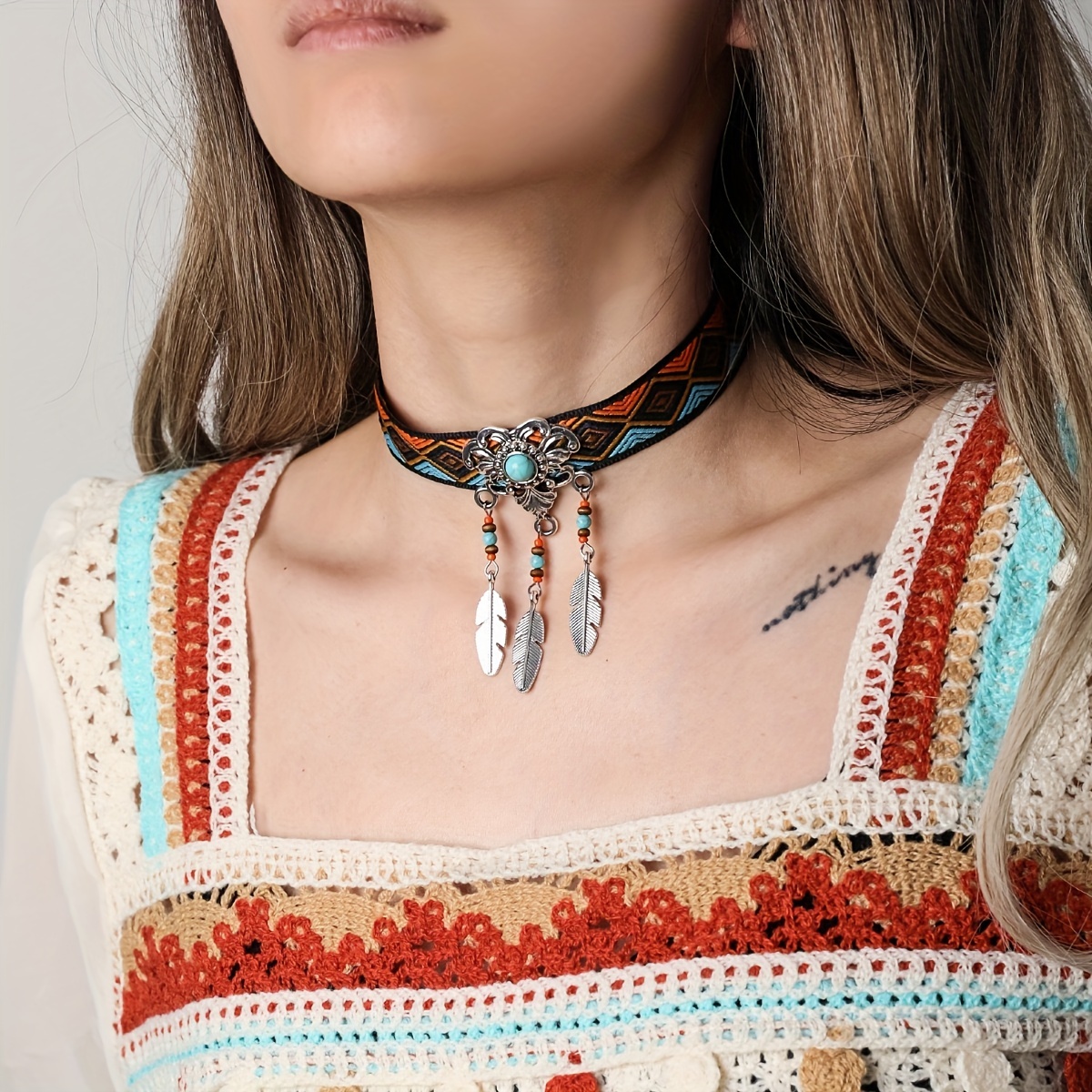 

Bohemian Ethnic Faux Turquoise Choker Necklace With Totem Elements, Multicolored Fabric And Silver Plated Feathers, Women's Fashionable Jewelry Accessory, Adjustable Size