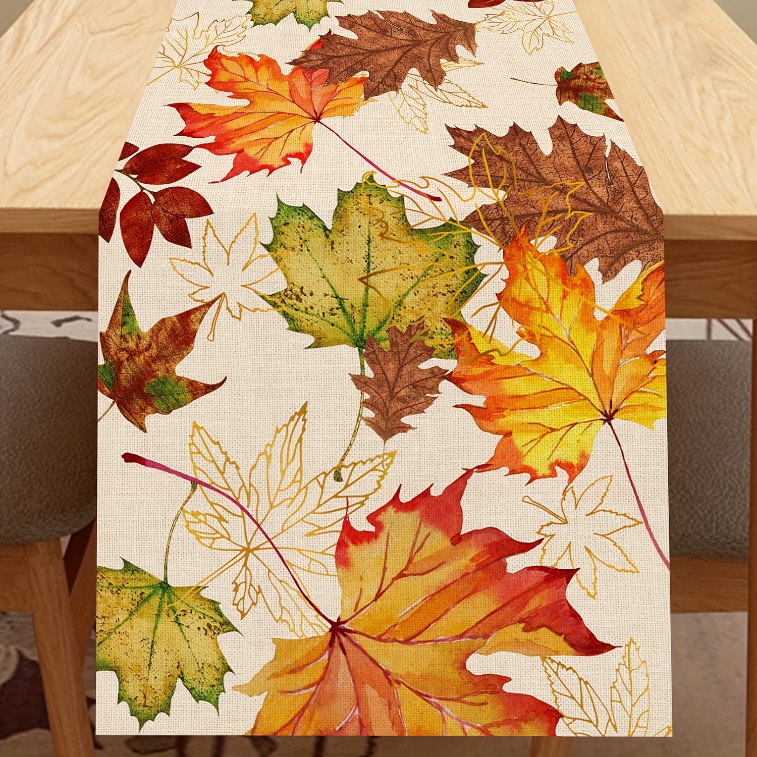 

Autumn Harvest Polyester Table Runner - Woven Thanksgiving Maple Leaf Design, Seasonal Dining Decoration, Watercolor Botanical Farmhouse Kitchen Decor