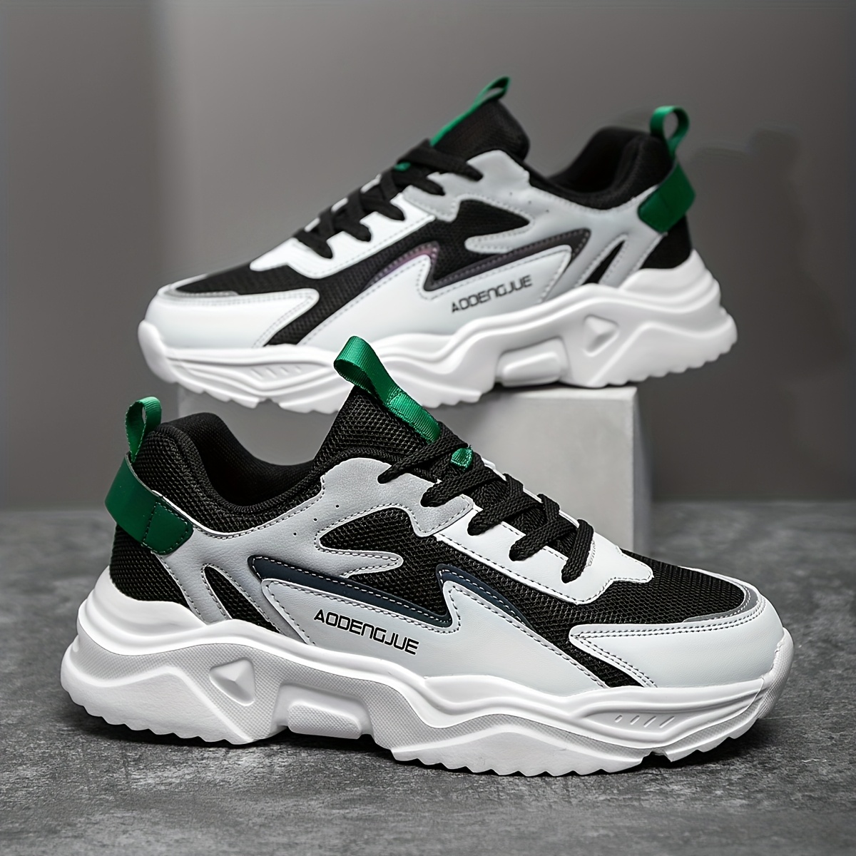 Zapatillas Casuales de Suela Gruesa para Hombre con Diseño de Letras - Parte Superior Ligera y Transpirable de PU/Tela, Suela Acolchada EVA, Detalles a Rayas & Punta Redonda para Correr al Aire Libre, Senderismo, Uso Diario, Calzado Casual, Cómodo