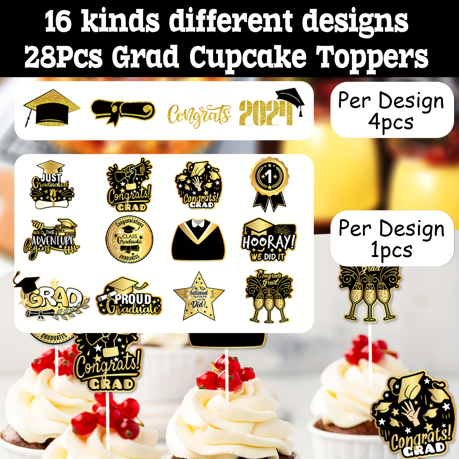 2024 Graduation Cupcake Toppers Set Of 28 - Black And Gold Paper ...