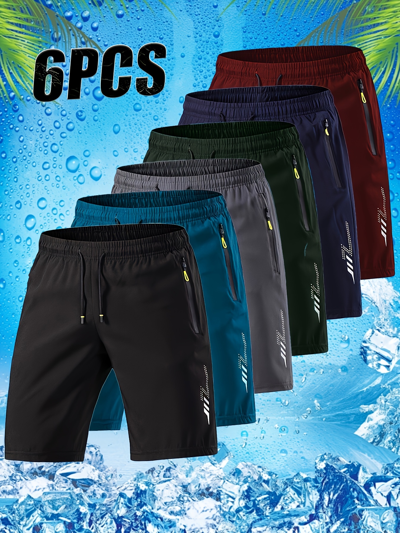 6pcs Of Men'S Lightweight Summer Athletic Shorts - Breathable, Moisture-wicking, And Quick-drying; Solid Colors With Zippered Pockets; Suitable For Both Sports And Casual Wear; Ventilated Textured Design