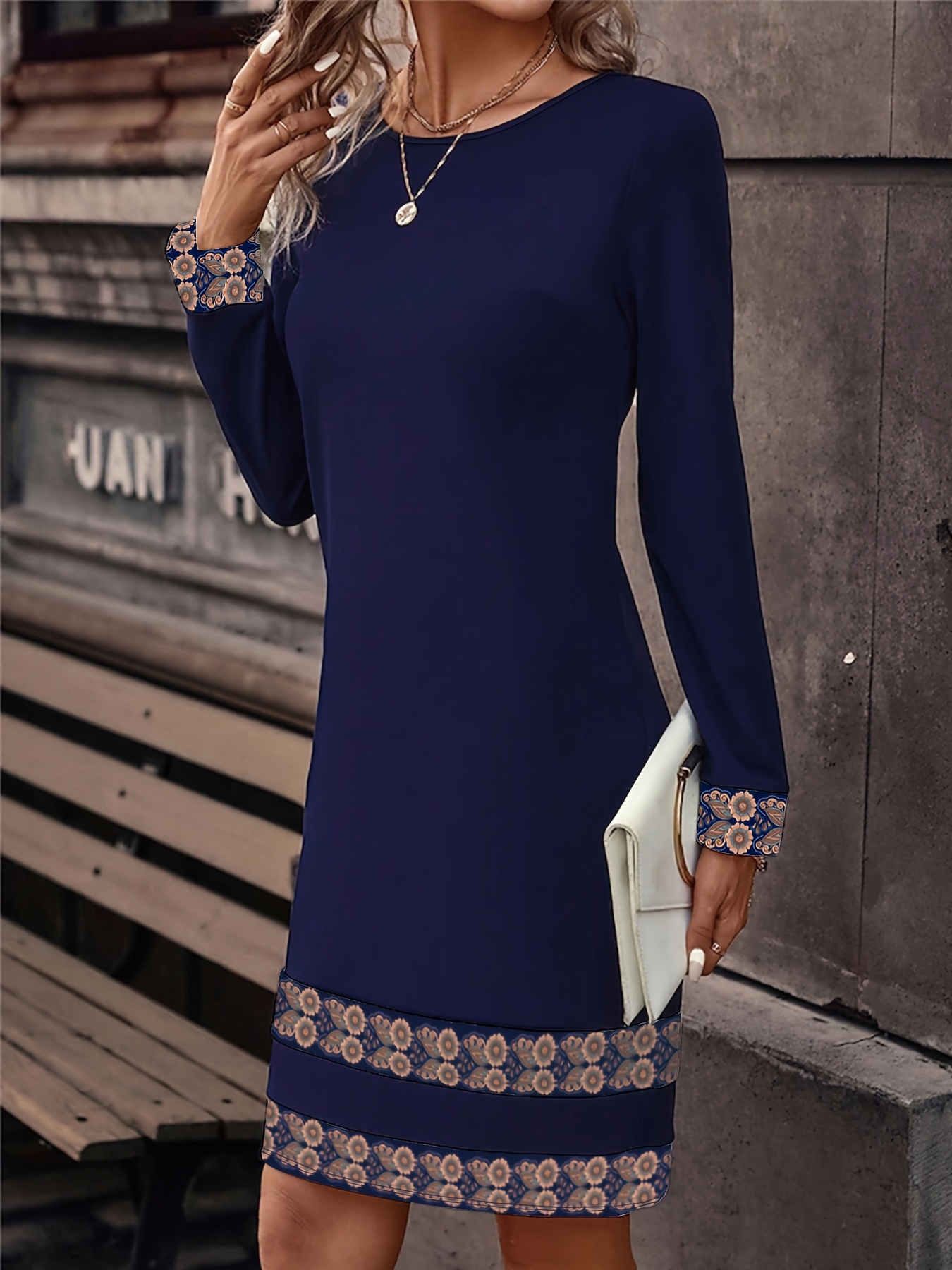 chinese dress ladies Elegant Floral A-Line Midi Dress for Women – Crew Neck, Long Sleeve, P
