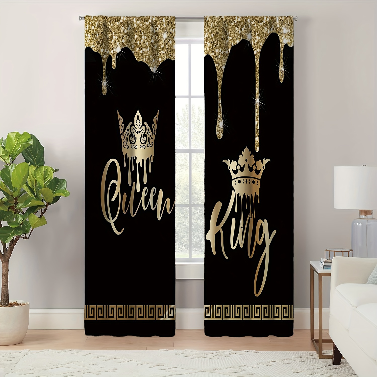 

2-piece Vintage Crown Print Curtain Set - Perfect For Bedroom, Living Room & Office Decor | Machine Washable Polyester With Tieback Design