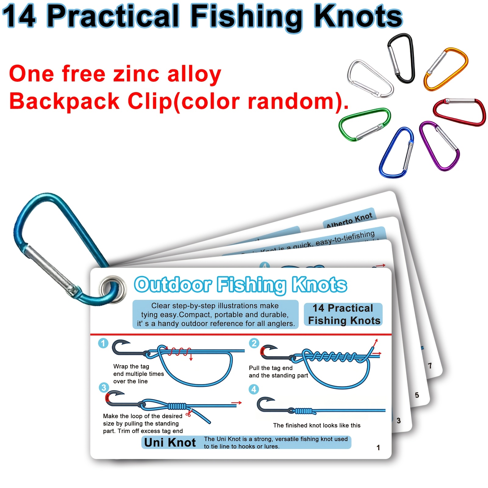 TEMU Carte guide de pêche à 14 nœuds : inclut une pince de rangement bonus (couleur aléatoire) ; couvre les nœuds de pêche couramment utilisés.