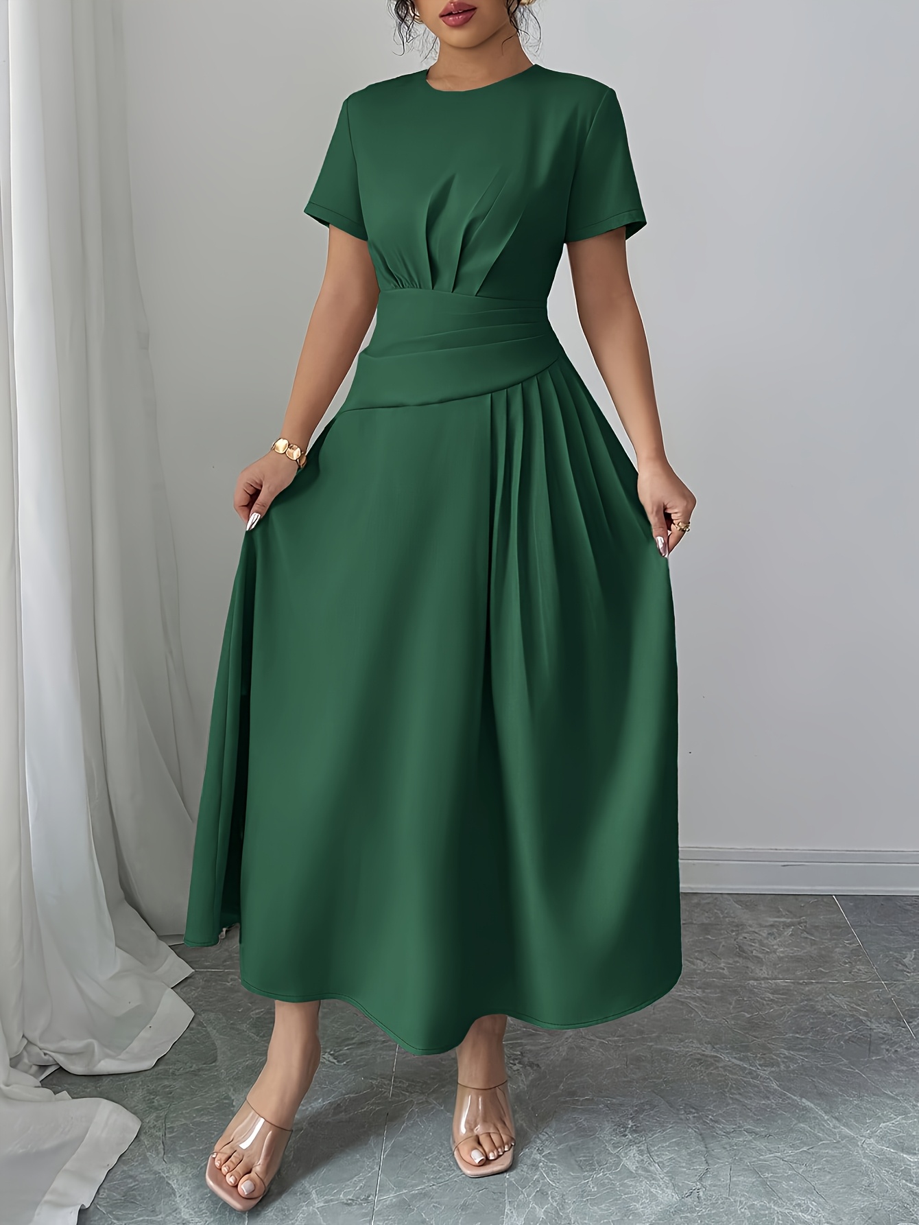 ladies elegant fashionable short sleeved dress solid color - Temu Bahrain