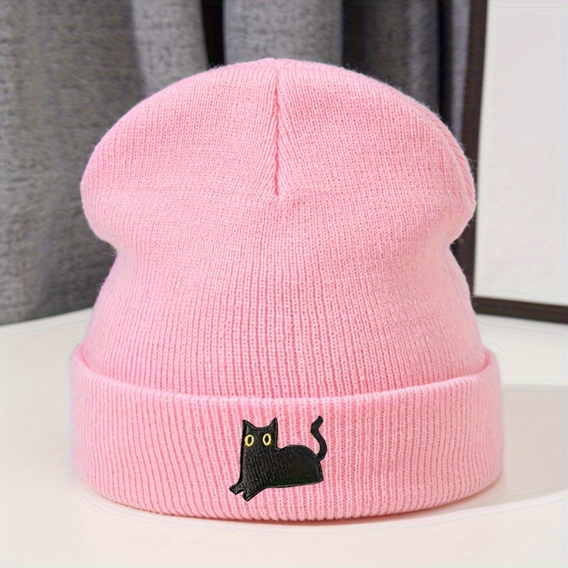 

Women's Fashion Acrylic Beanie With Cat Embroidery, Machine Washable, Stretch Fit, Lightweight Comfort, Embroidered Skull Cap For Winter