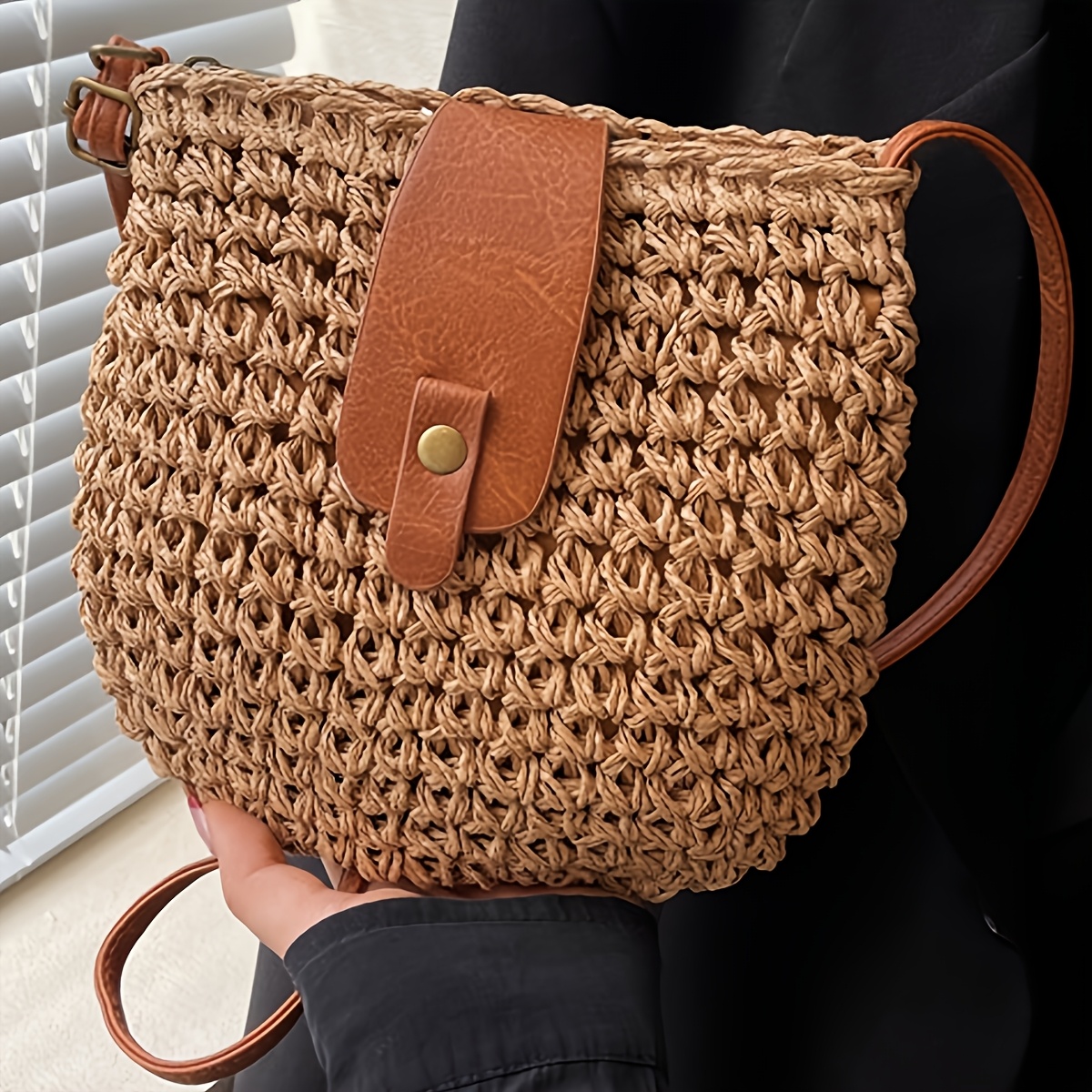 TEMU New Women's Straw Woven Crossbody Bag | Retro Style Handmade Woven Solid Color Women's Shoulder Bag, Versatile Casual Beach Bag, Lightweight And