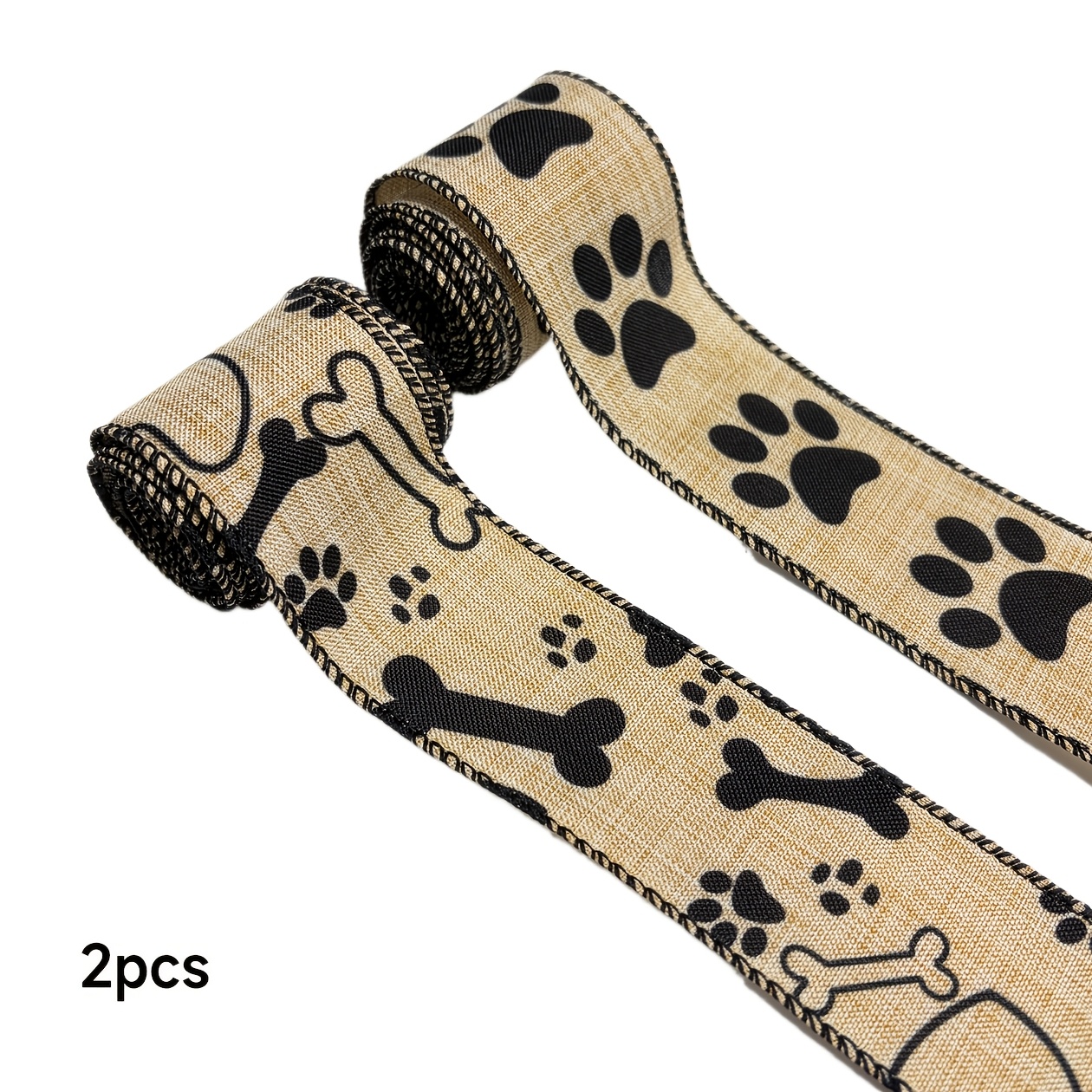 TEMU 2 Rolls Of Burlap Ribbon With Paw Print Pattern For Pet Dogs, 5cm Wide, 600cm Long In Total, Bone Pattern, For Handicrafts, Bows, Party