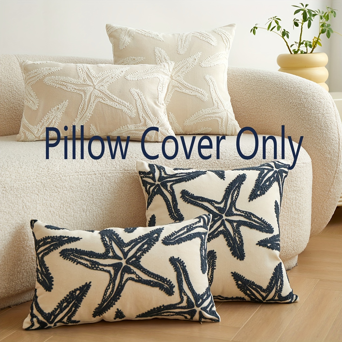 

Coastal Style Starfish Embroidered Throw Pillow Cover, 1pc Cotton Blend, Zippered Cushion Case For Home Decor, Spot-clean, Versatile Room Accent