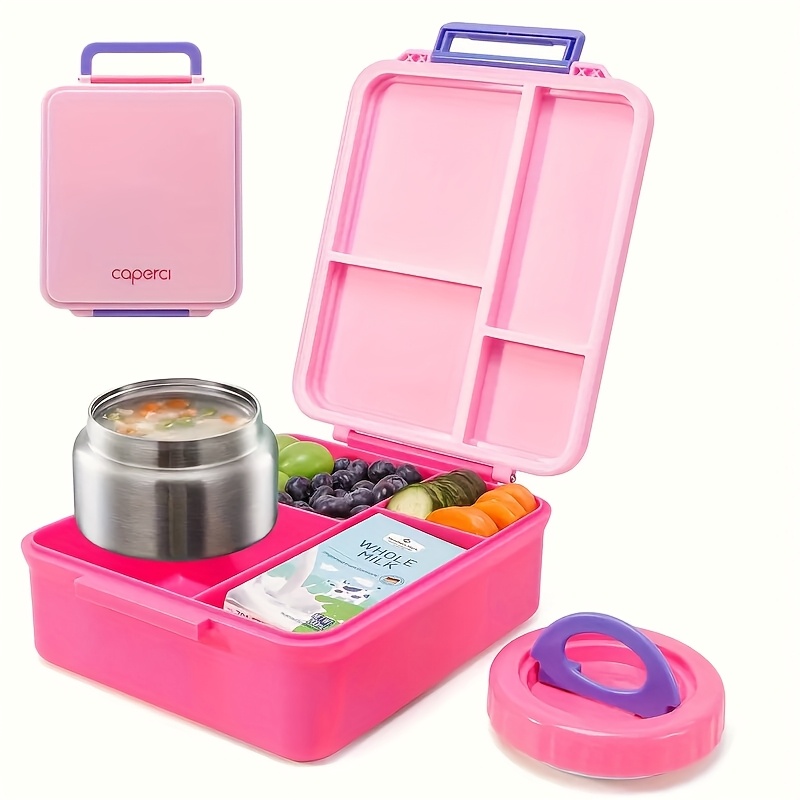 Insulated Lunchbox with 4 Compartments - Leakproof BPA-Free Plastic Lunch Container, Dishwasher & Microwave Safe, Portable Handle for School, Office, Picnics (Pink)