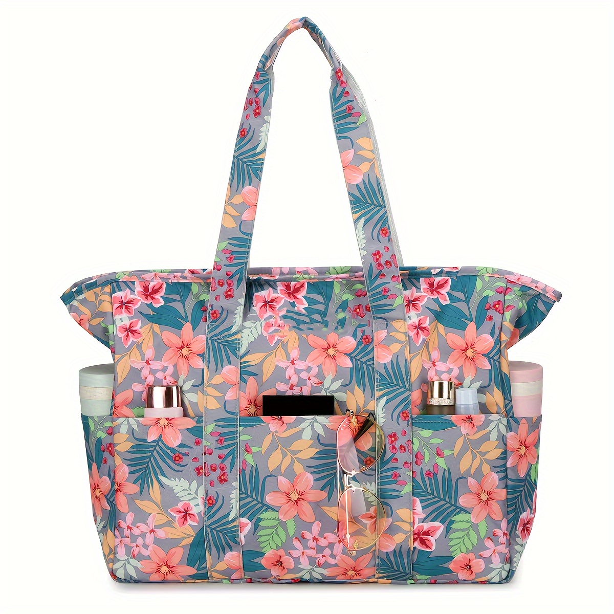 Image of Beach Bags For Women Tote Bag, Large Beach Bag With Zipper For Gym Travel Vacation, Floral Tote Bag, Luggage Bag, Christmas, Halloween Gift