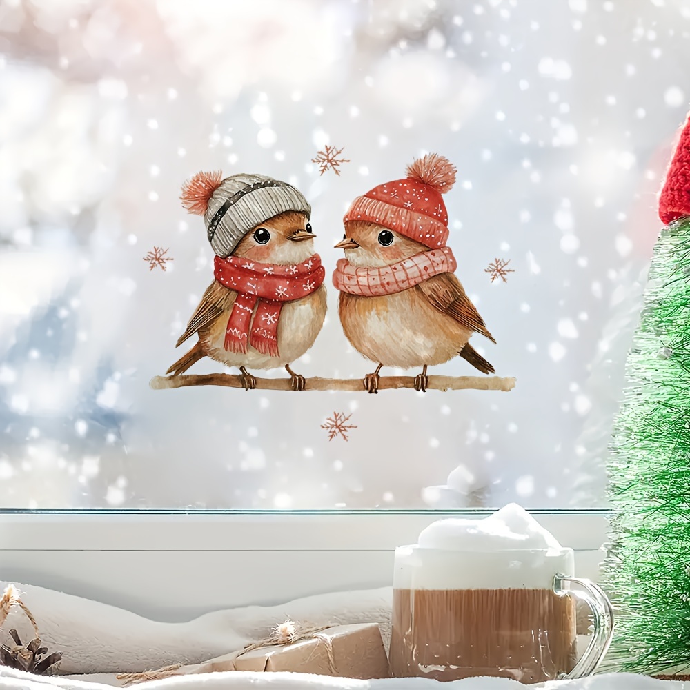 1pc festive christmas bird window cling adorable cartoon birds in knitted hats scarves removable reusable semi   ideal for windows doors walls cabinets fridges notebooks more bird accessories details 9