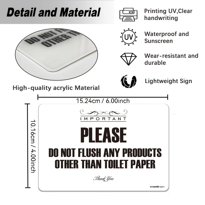 TEMU 1pc Flush Toilet Sign Acrylic Premium Do Not Flush Sign, Durable, Includes Backing White 4 X 6in