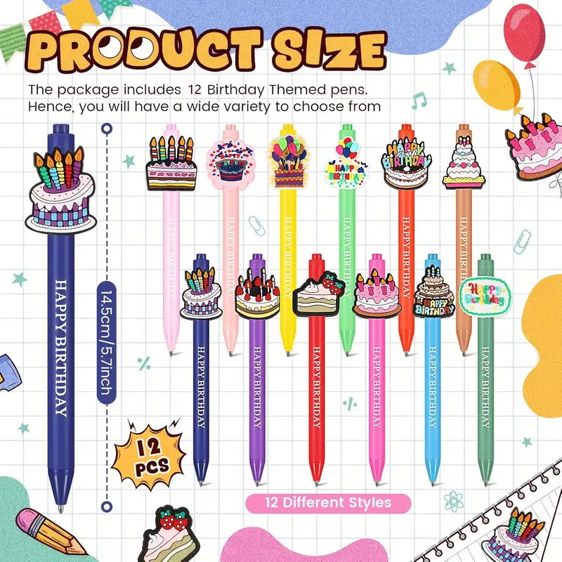 12pcs cute animal happy birthday pens cartoon pens funny pen writing ballpoint pens retractable black ink pens birthday party gifts for students office supplies school stationery Product details 2