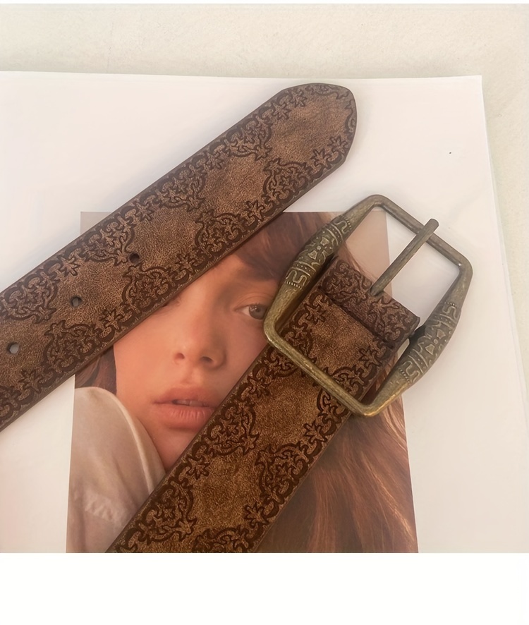 vintage western embossed brown pu leather belt for women casual festival party and   details 7