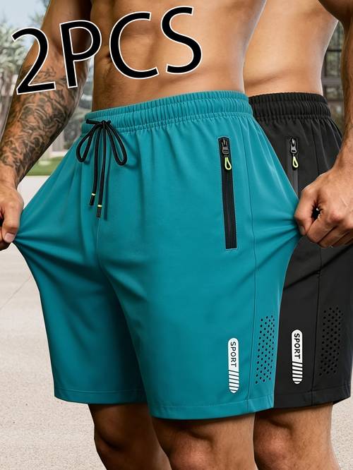 2pcs mens ultra thin drawstring sports casual shorts for fitness solid color breathable quick drying style with zipper pockets and waist drawstring suitable for outdoor activities and fitness training reflective strip design