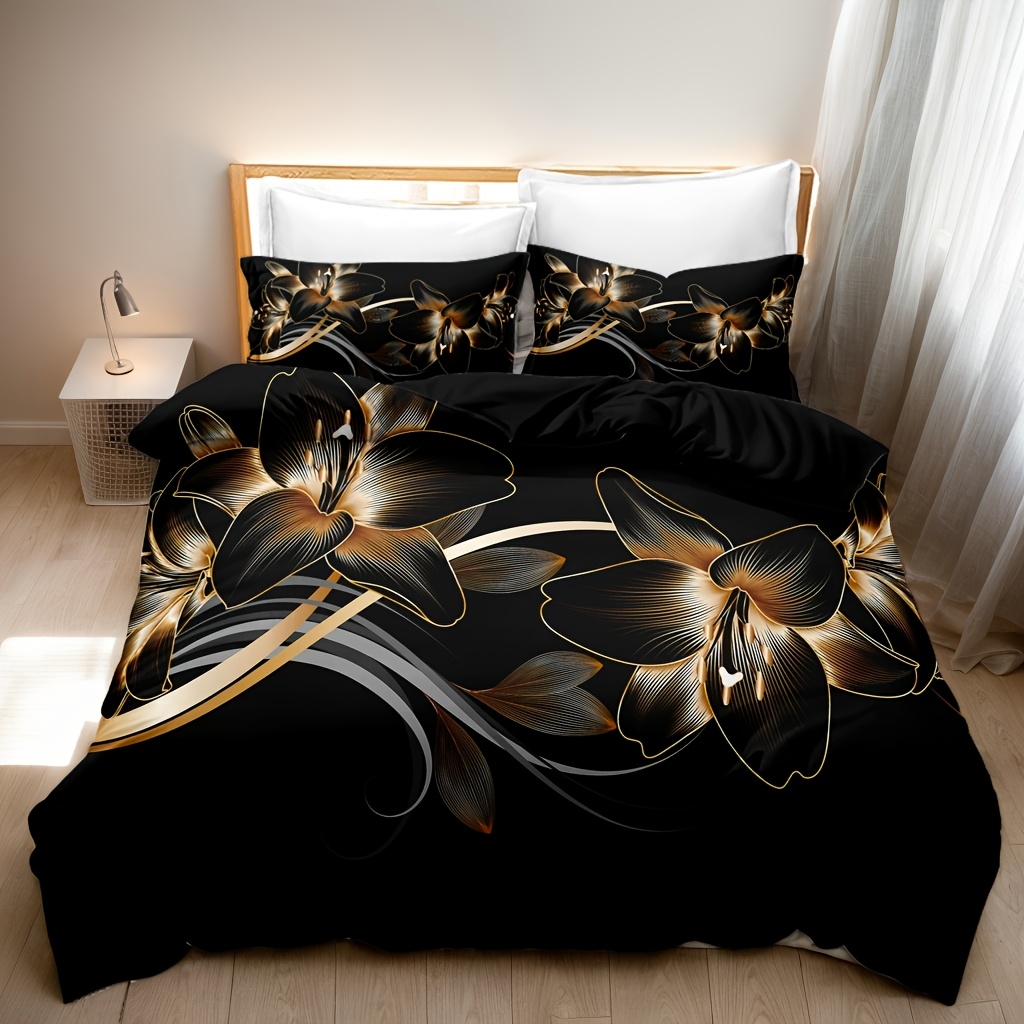 TEMU 3 pièces Housse de Couette, 1 Housse de Couette + 1/2 Taies d'Oreiller, Garnissage, Ensemble de Literie Moderne et Luxueux à Imprimé Floral Noir