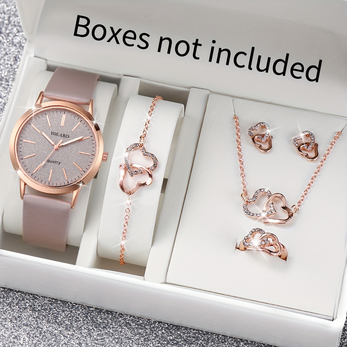 

6pcs/set Women Fashion Casual Pu Leather Quartz Watch With Hear-shaped Jewelry Set ( Box Not Included)