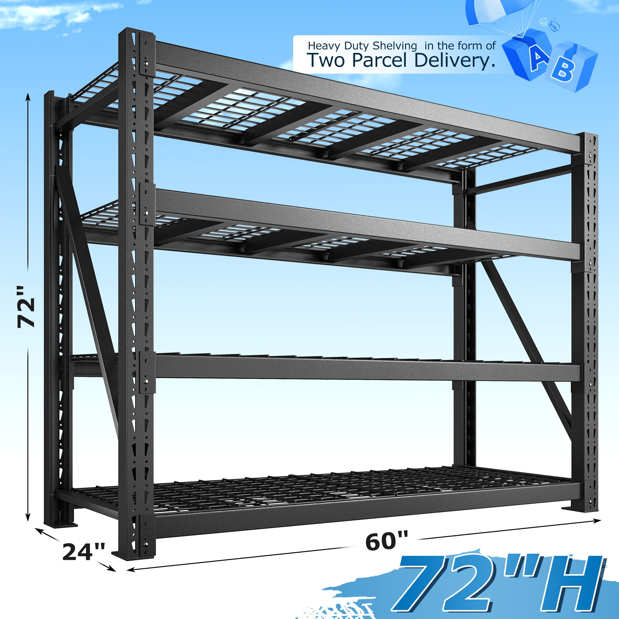 TEMU [heavy Duty Garage Shelving]3 Tier-24" D*66" H*60''w-8250lbs||4 Tier-24" D*72" H*60''w-11000lbs. Industrial-strength Garage Shelving, Storage
