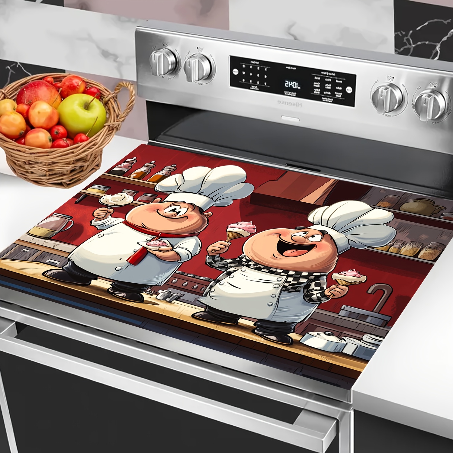 

1pc Chef Cartoon Pattern Protective Mat, 28.3 X 20.5 Inches, Polyester, Anti-scratch & Heat-resistant, Decor, Fits Electric Glass Stoves, Easy Clean, No Power Needed