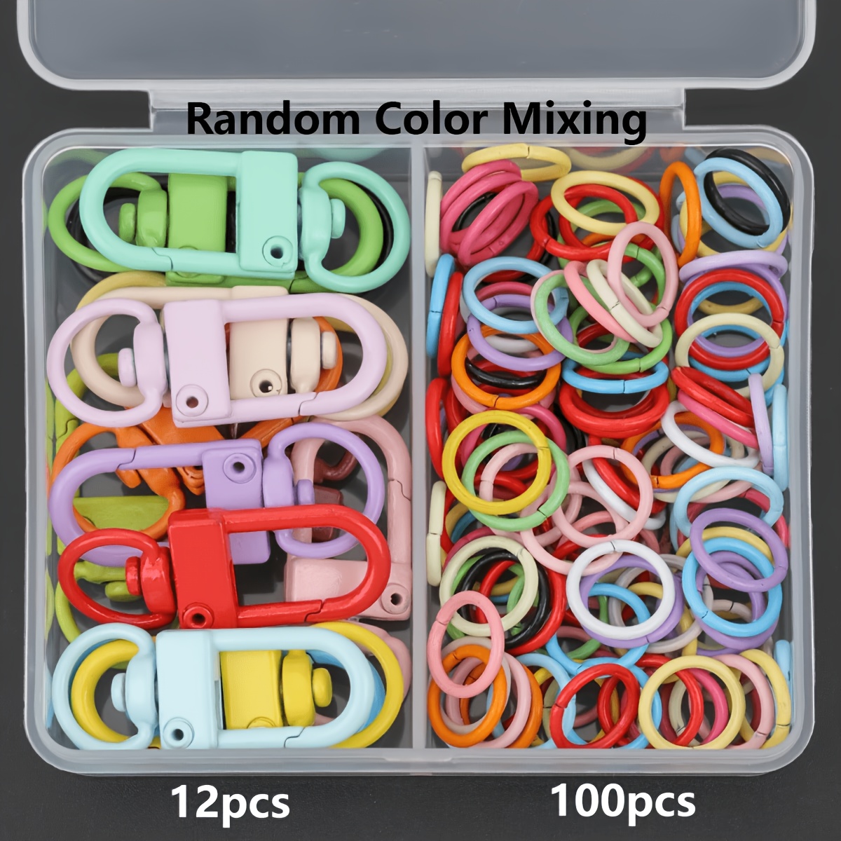TEMU 112pcs/box Keychain Making Parts Random Mixed Colors Including Rotatable Lobster Clasps Rings, Alloy Spring Clasps Door Hooks Connector For