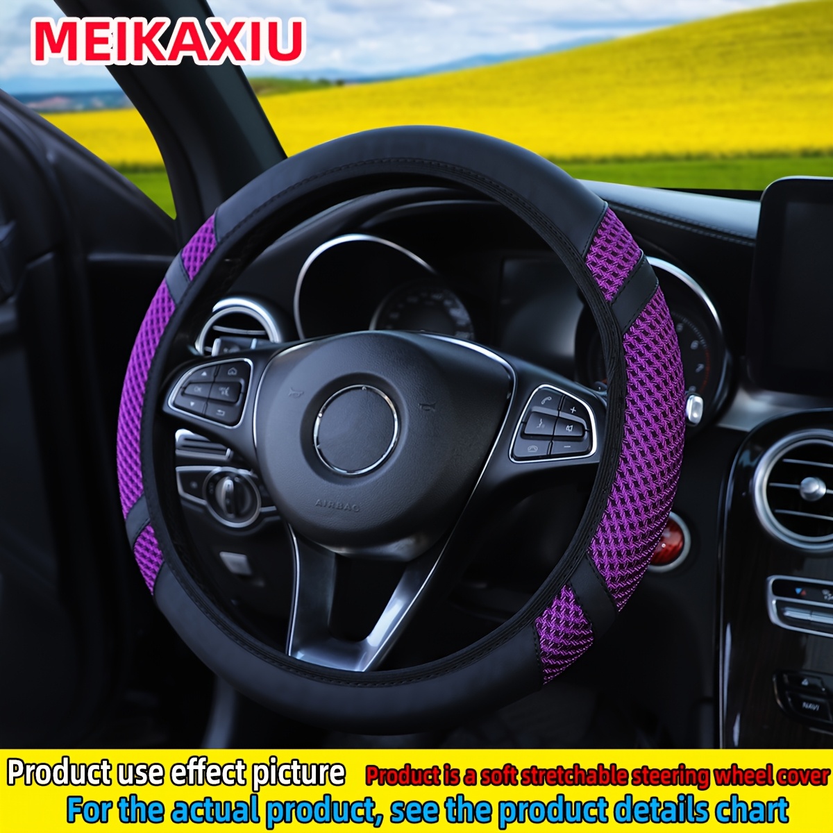 TEMU 1 Breathable Mesh Ice Silky Fiber Fabric Pu Style Car Steering Wheel Cover Without , Suitable For -15 Inch Car Interior Accessories