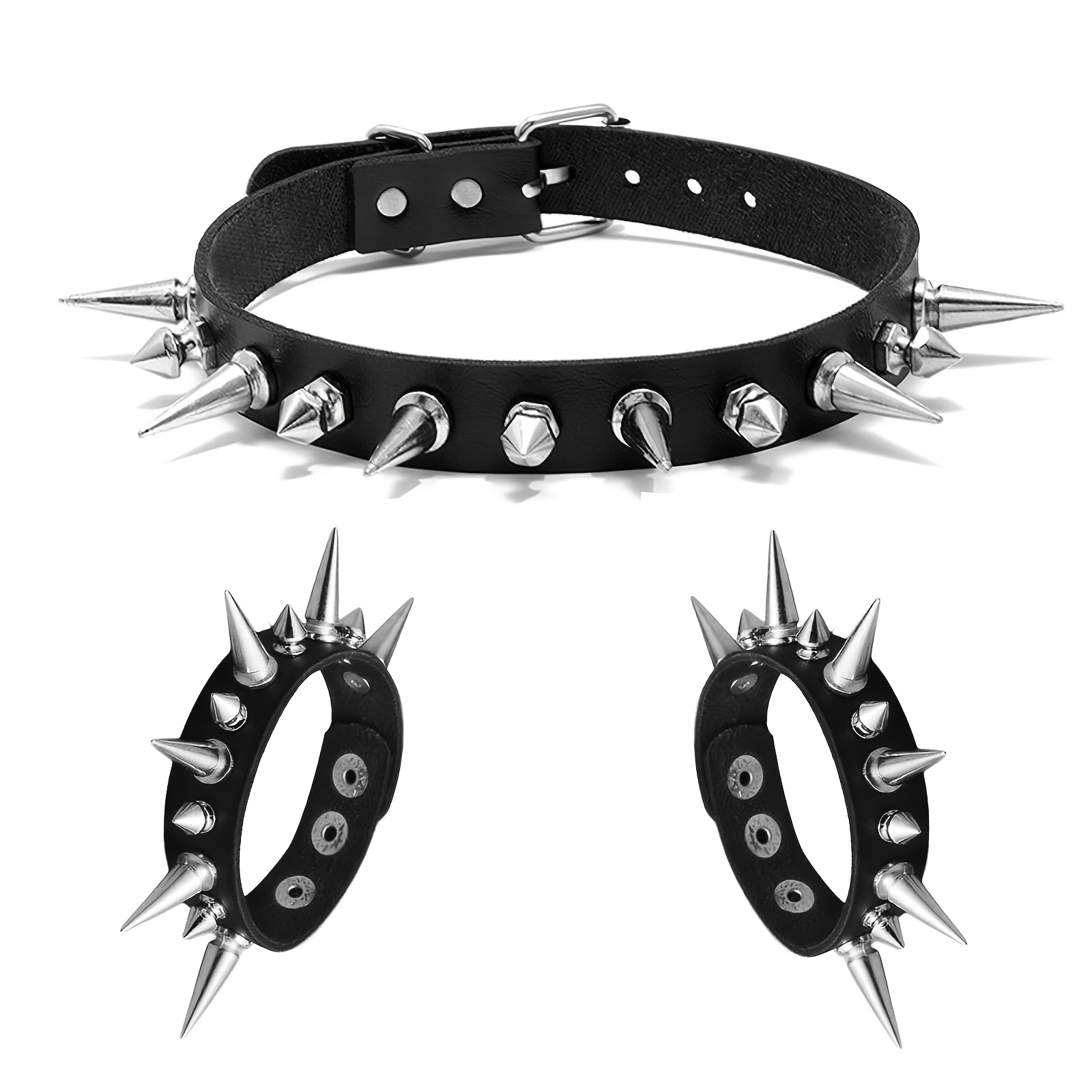 3pcs Qydcx Soft Faux Pu Leather Spiked Collar Necklace & Choker Bracelets - Gothic Emo Grunge Punk Jewelry Suitable For Womens Men, Choker Collar For Themed Parties, Casual Attire, Pu Leather