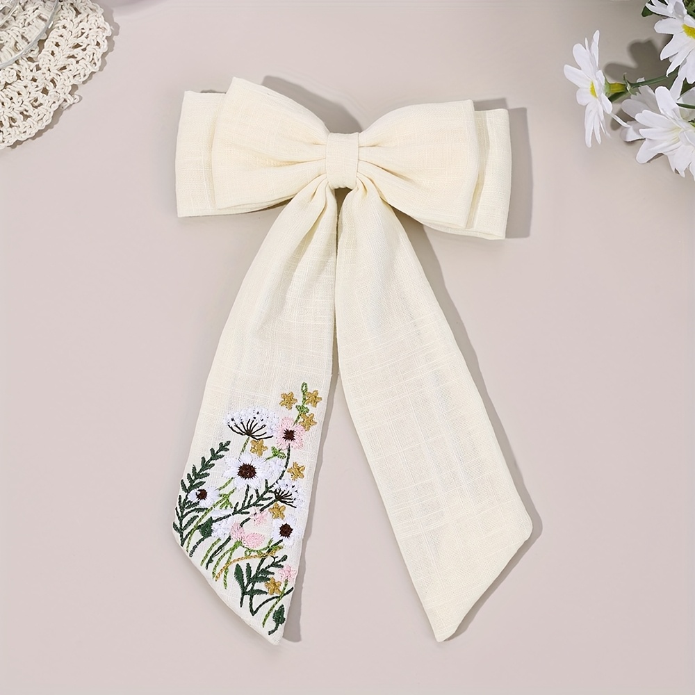 Image of 1pc 1pcs Piece For Girls & Teens: Cute Floral Bow - Elegant Embroidery Barrette, Soft Hair Accessories Suitable For Birthdays, Showers, Casual Attire